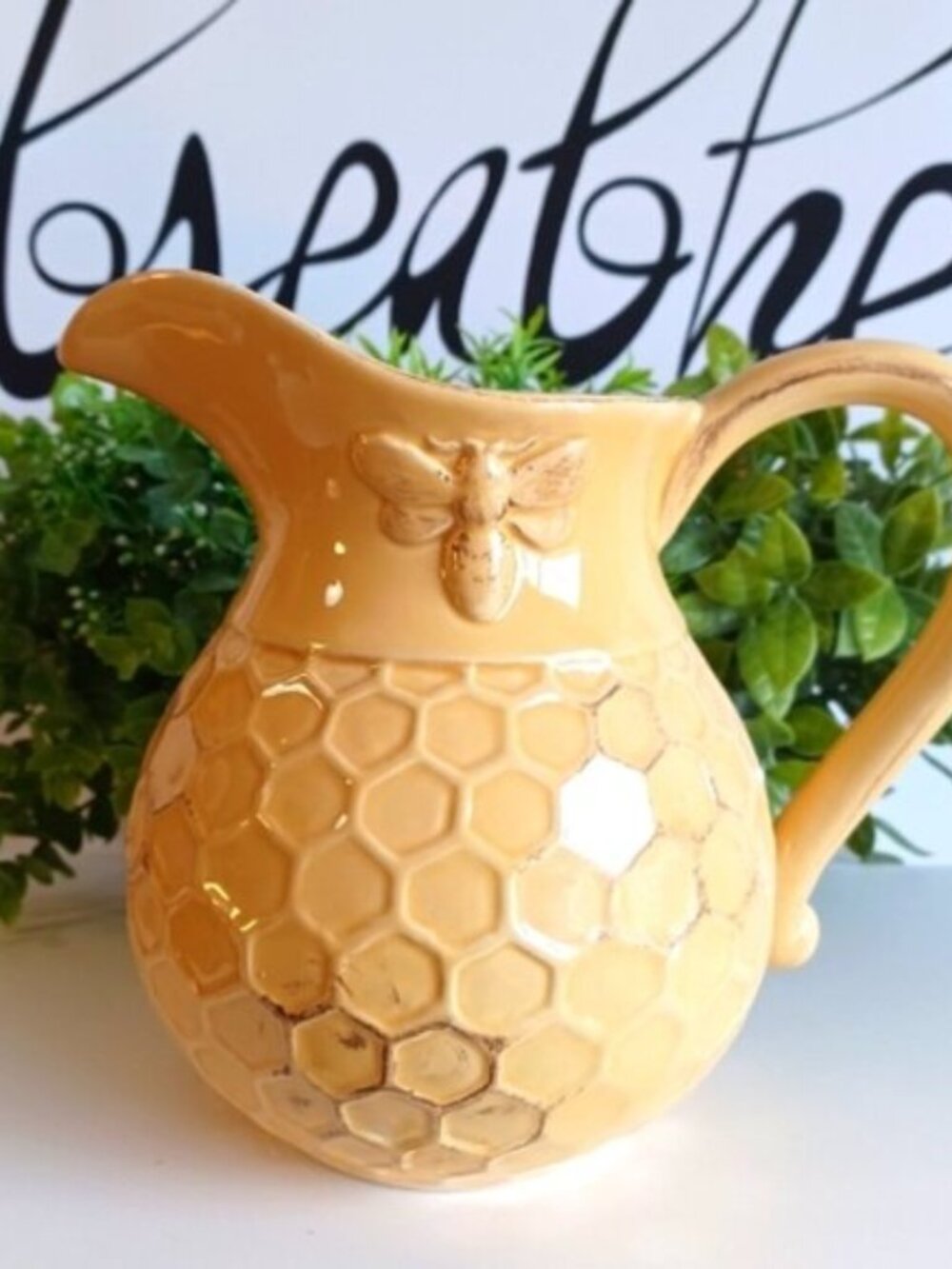 Bee Inspired Honeycomb Ceramic Pitcher Yellow 5 Cup Floral Vase NIB Decor